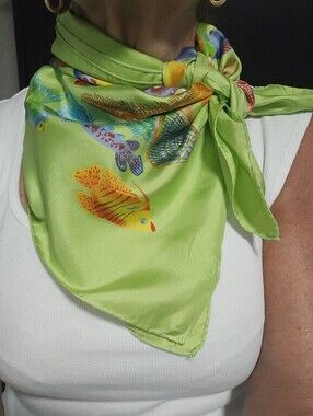 Talbots Lime Green 100% Silk Scarf with Colorful Fish Motif 35x35